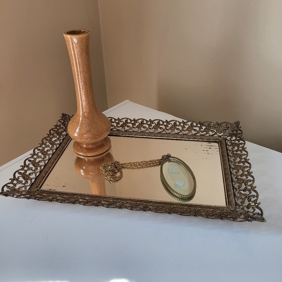 Vintage Ornate Openwork Brass Tone Metal Mirrored Vanity Tray - Picture 2 of 16